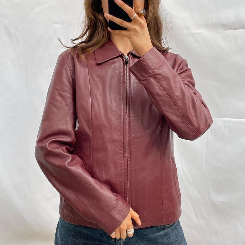 Vintage burgundy red leather jacket coat.